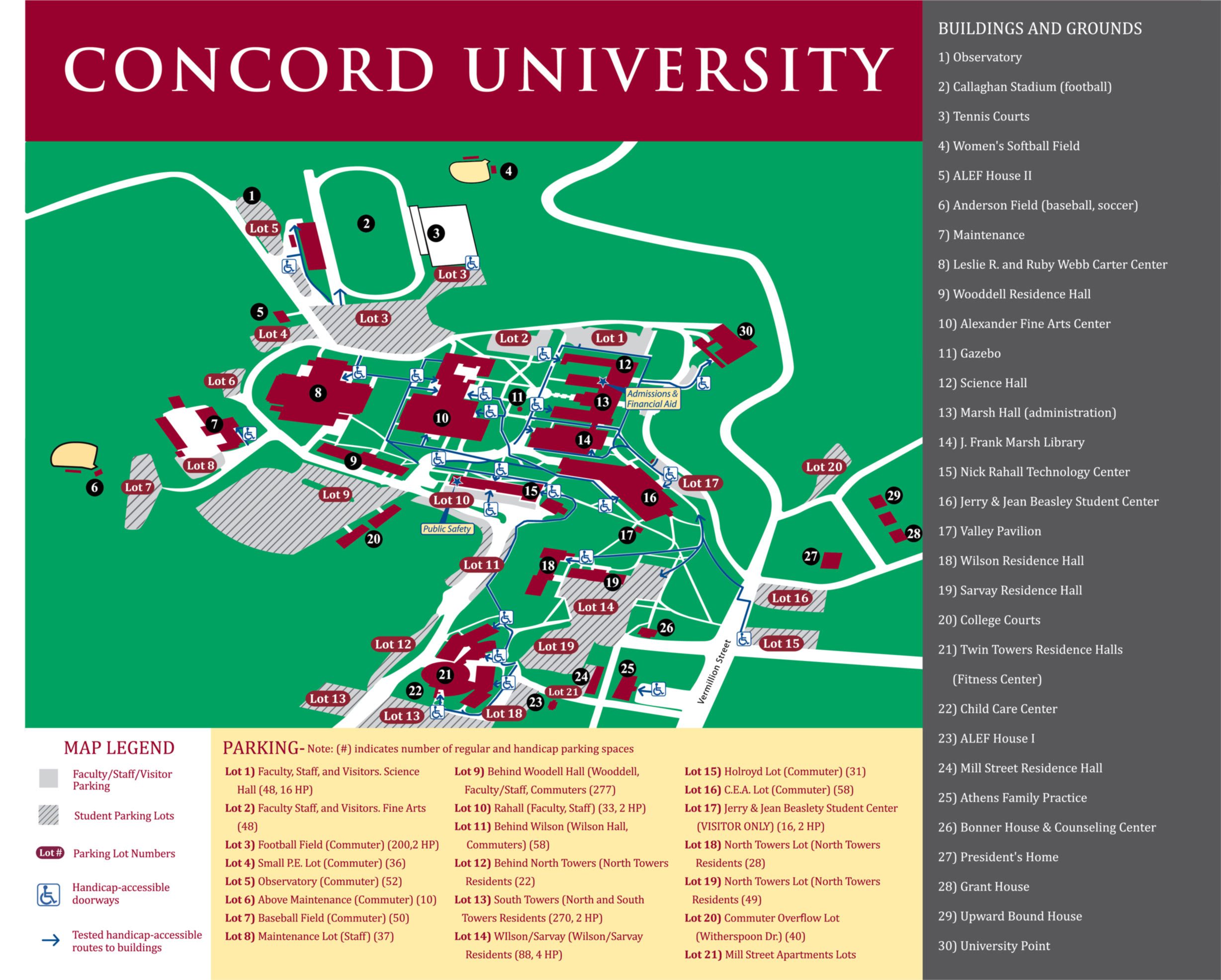 A map of the buildings and parking lots on campus